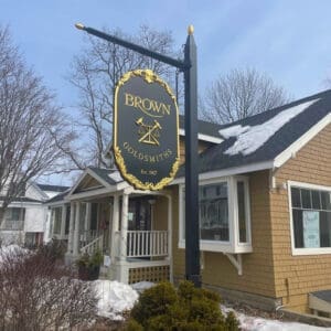 Sign-and-buidling-Square Brown Goldsmiths located at 148 Main Street, Freeport Maine